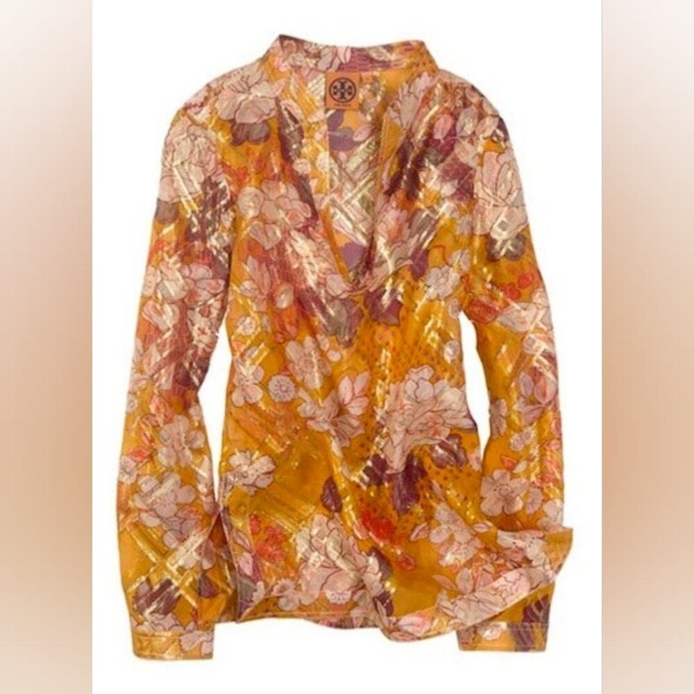 Tory Burch Metallic Silk Gold Orange Yellow Long Flutter Sleeve Tunic Blouse 6 - Picture 2 of 13